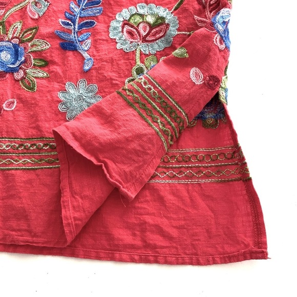 CALESSA Red Cotton Tunic Top Plus Size 1X Boho Embroidered Floral  V-neck Summer - Picture 8 of 14